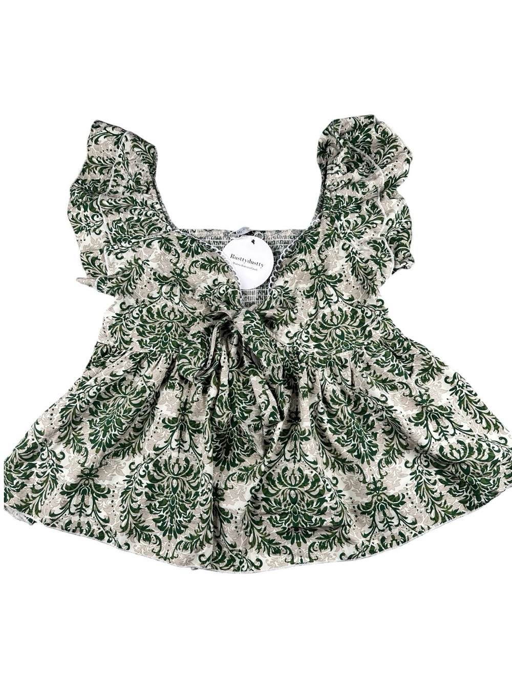 Rustty Dustty Green Floral Ruffle Tie Front Blouse Cottagecore Boho Top 0XL - Picture 2 of 8